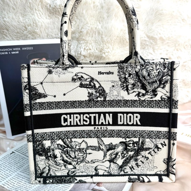 Dior Book Tote 購物袋 奶白色拼黑色 茹伊印花 帆布 小號-0