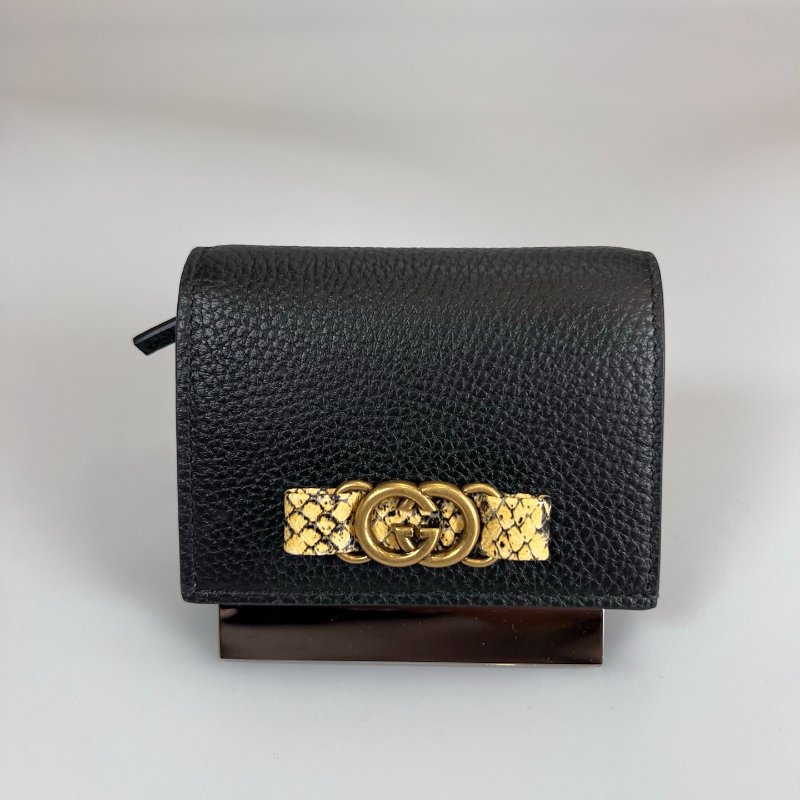 GUCCI 746059 黑皮革蛇紋對折短夾-0