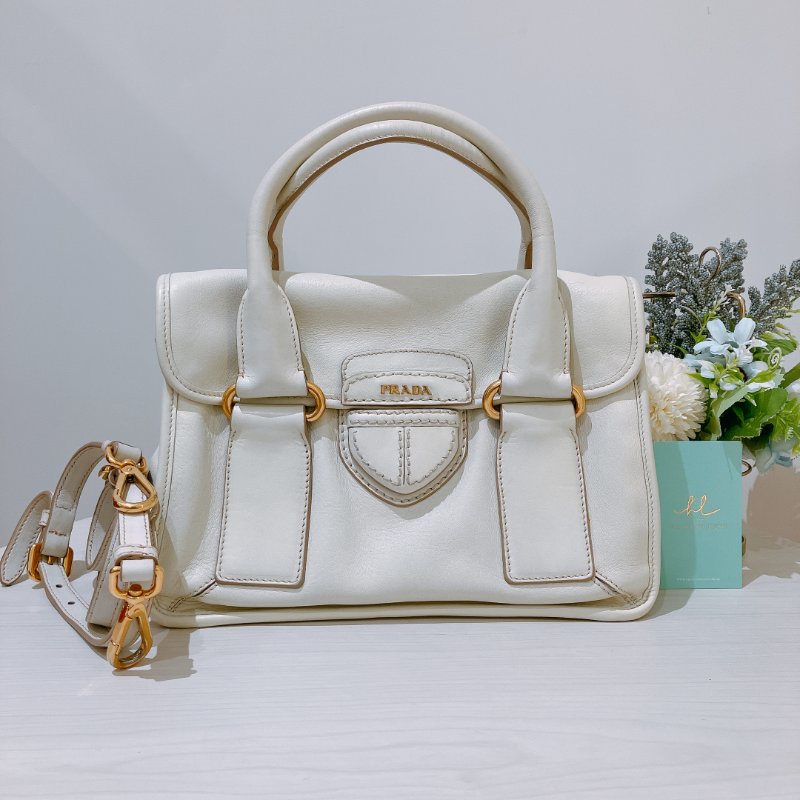 TK2060 Prada 普拉達兩用肩帶包包 Handbag Calfskin Cream White x GHW-0