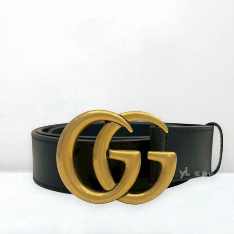 S5527-GUCCI Marmont黑牛皮復古金窄版皮帶414516