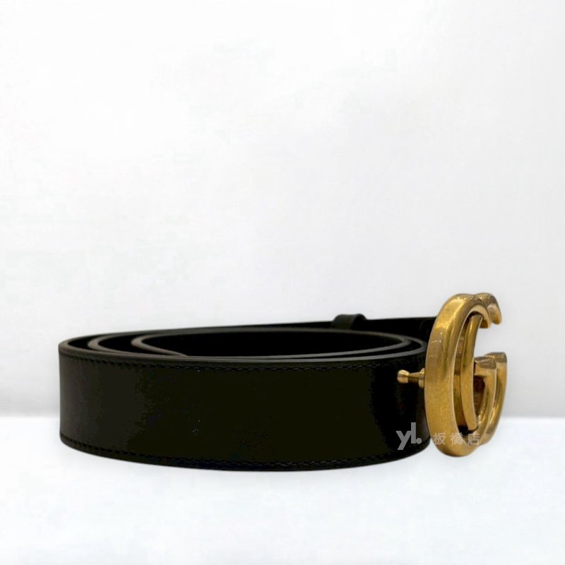 S5527-GUCCI Marmont黑牛皮復古金窄版皮帶414516-3