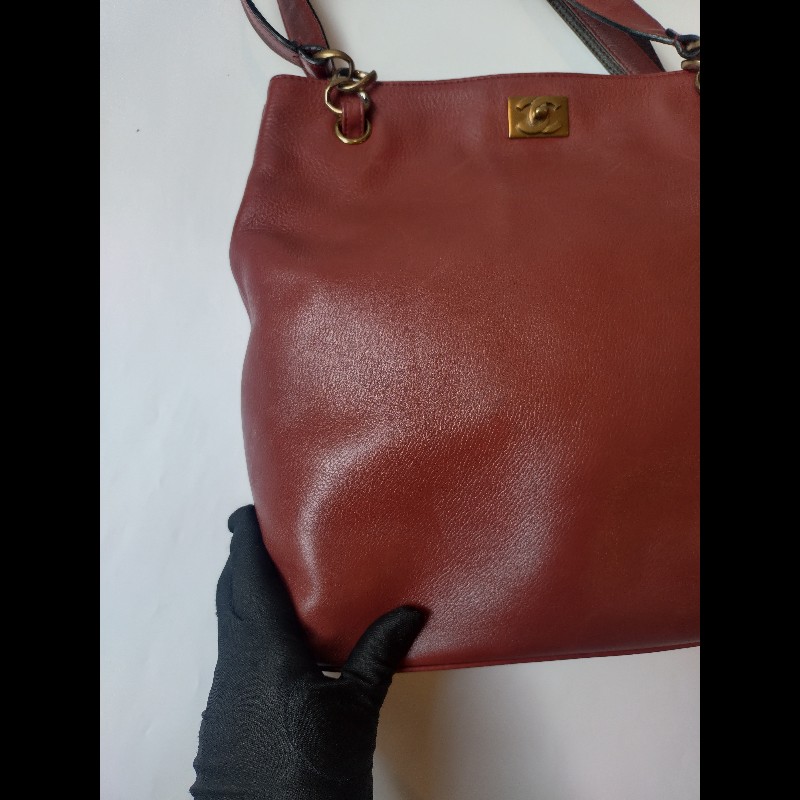 Chanel 雙肩帶磚色皮革直式托特包-9