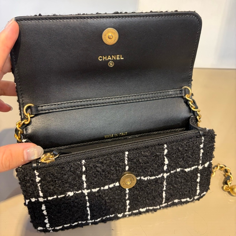 Chanel 黑毛呢Woc金球斜背鏈包AP3071-7