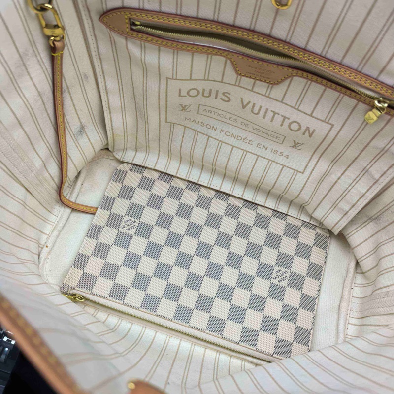LV NF neverfull 中號 白色棋盤格 芯片款 成色看細節圖-3