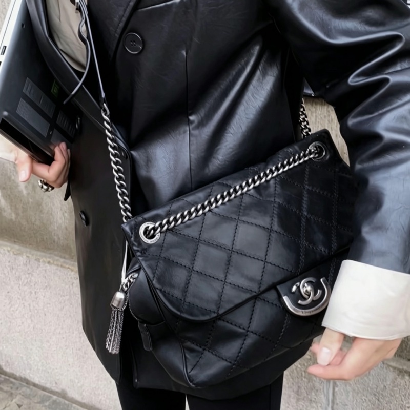 CHANEL香奈兒黑銀愛丁堡流蘇鏈條包💍💍-4