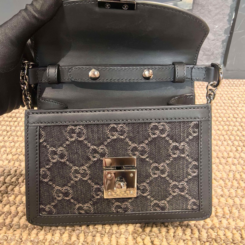 GUCCI古驰 Ophidia 牛仔布 斜挎手提包 迷你 女款 黑色拼灰色-6