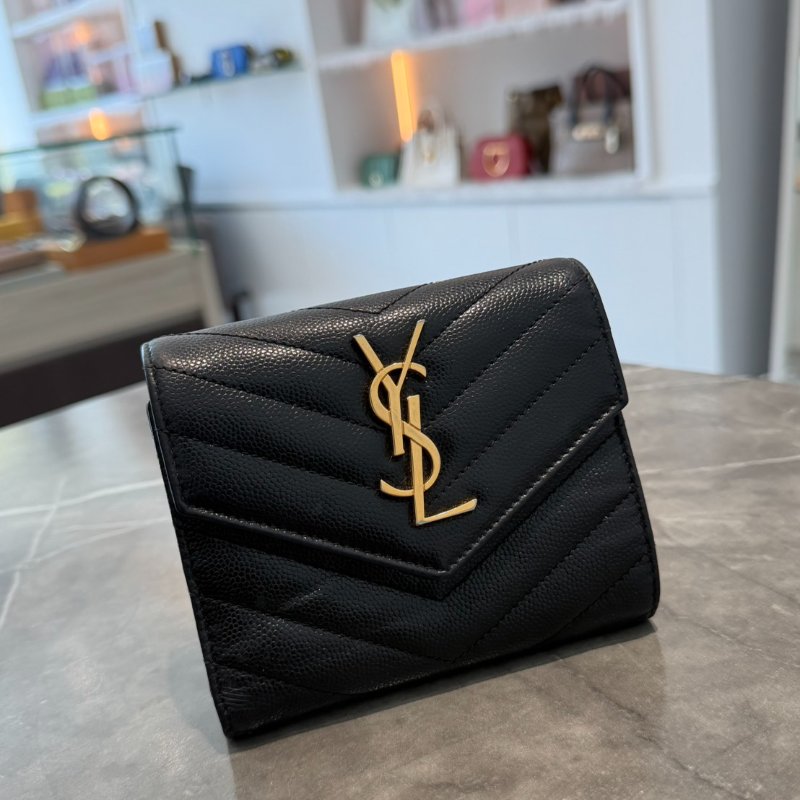 YSL 金字logo 荔枝皮三摺開釦短夾-0