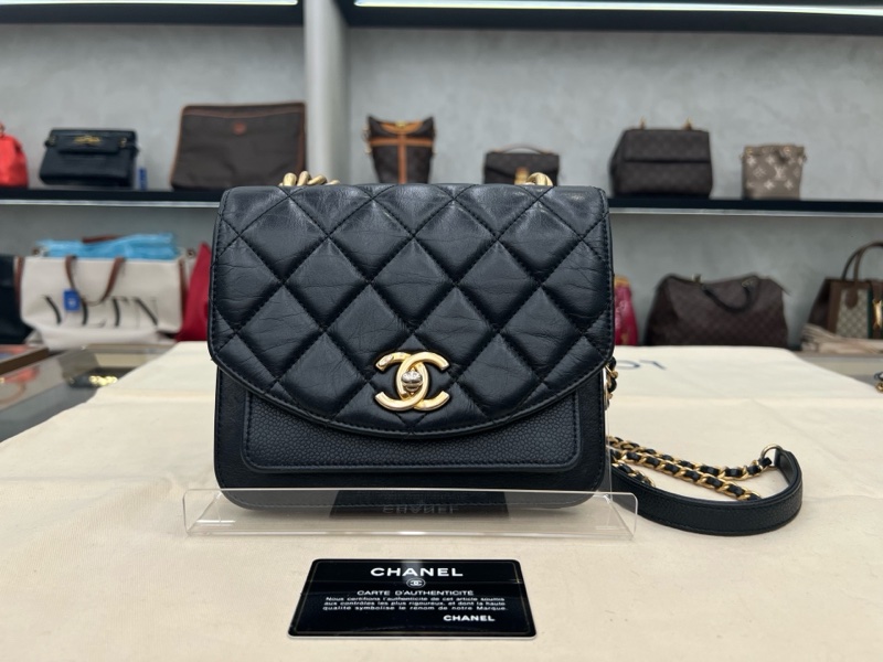 Chanel/香奈兒 孟買風琴郵差包 黑金中號 鐳射標28開 97新 底長22-0
