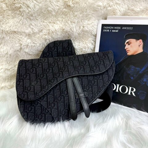 Dior Saddle 馬鞍包 黑色 老花 塗層帆布拼牛皮 按扣