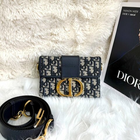 Dior 蒙田包 米色拼藍色拼黑色 老花 塗層帆布拼牛皮 mini