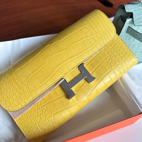 Hermes • Constance M9金盞花黃 銀釦霧面鱷魚皮長夾