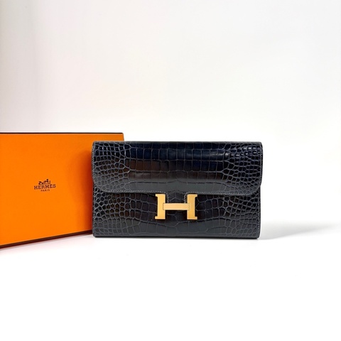 Hermes • Constance 康康深海藍金釦亮面鱷魚皮長夾