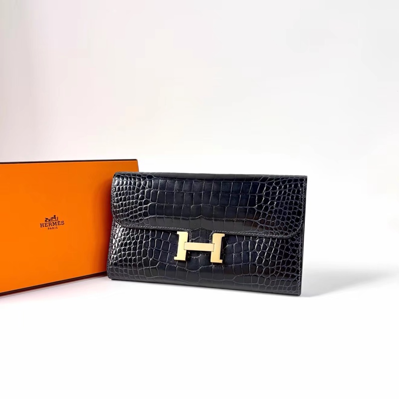 Hermes • Constance 康康深海藍金釦亮面鱷魚皮長夾-1
