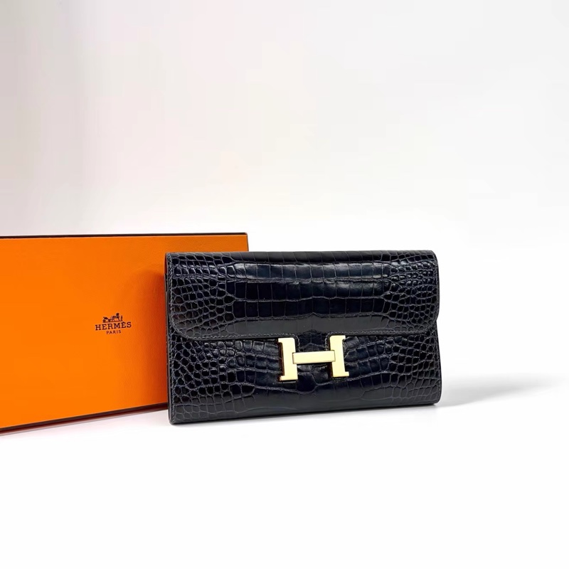 Hermes • Constance 康康深海藍金釦亮面鱷魚皮長夾-2