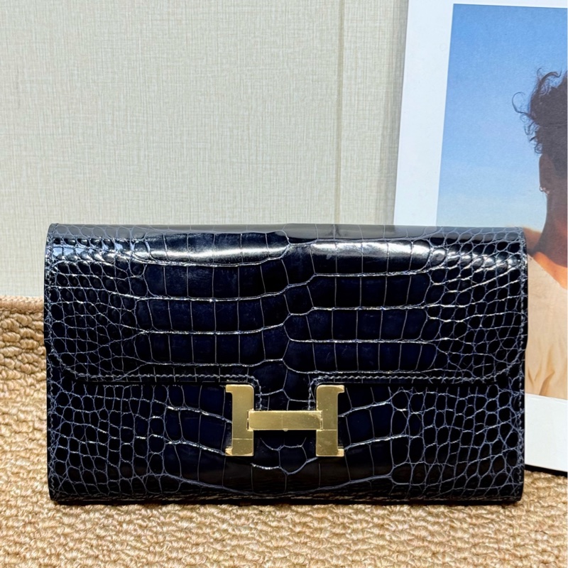 Hermes • Constance 康康深海藍金釦亮面鱷魚皮長夾-3