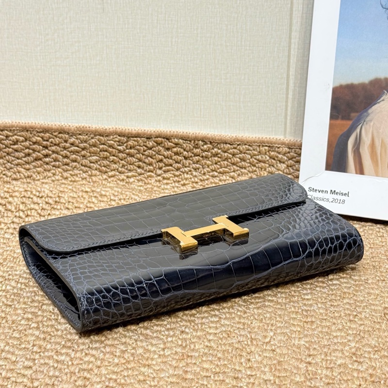 Hermes • Constance 康康深海藍金釦亮面鱷魚皮長夾-5