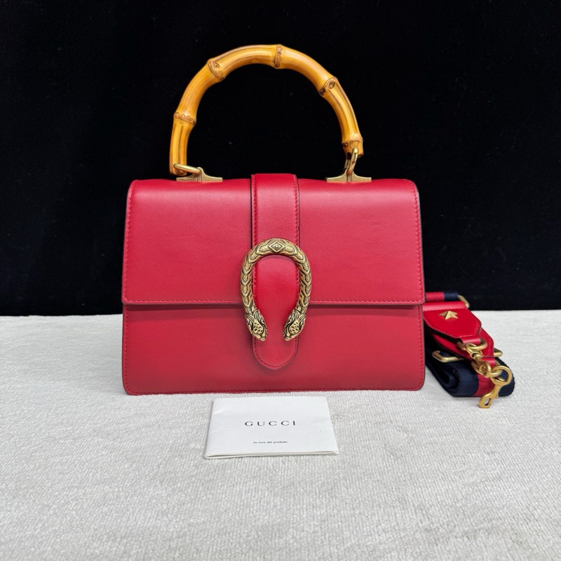 Gucci古馳 紅色全皮竹節酒神手提斜挎包 剪標,成色98新,尺寸26*18*9cm-0