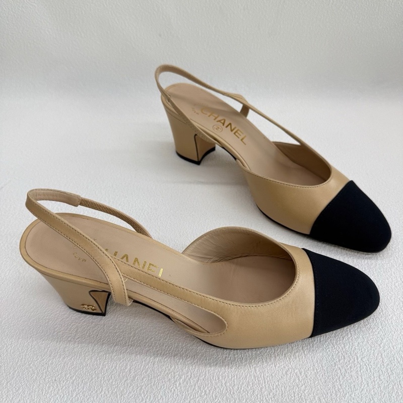 Chanel香奈兒Slingback 皮質 米黑色 37碼-2