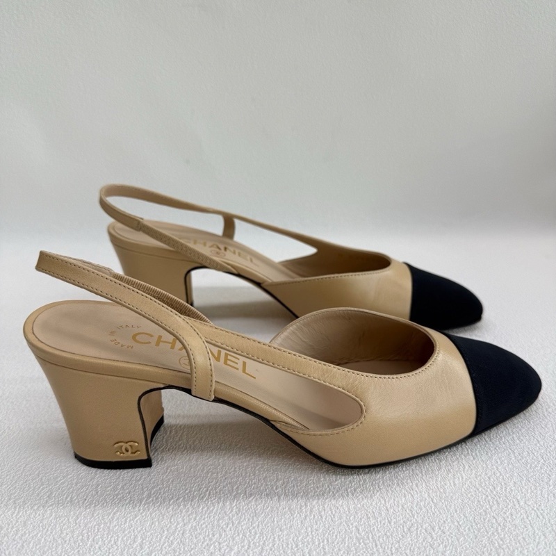 Chanel香奈兒Slingback 皮質 米黑色 37碼-3