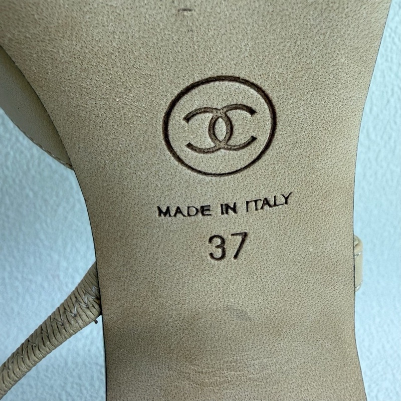 Chanel香奈兒Slingback 皮質 米黑色 37碼-7