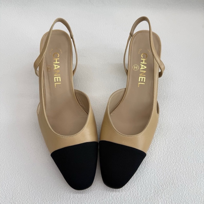 Chanel香奈兒Slingback 皮質 米黑色 37碼-8