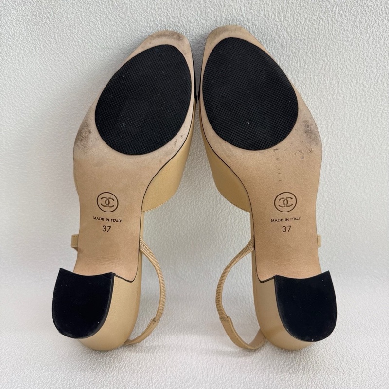 Chanel香奈兒Slingback 皮質 米黑色 37碼-9