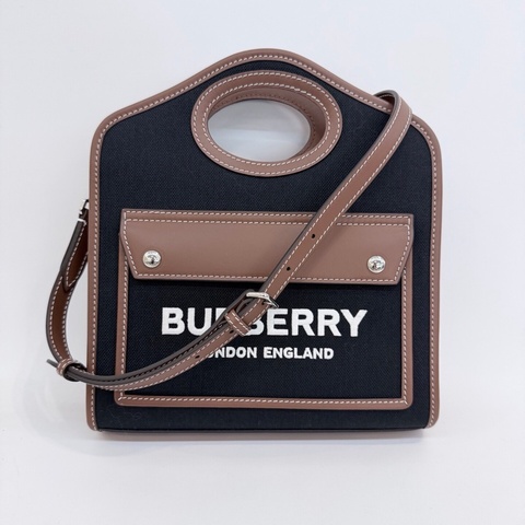 Burberry/博柏利黑色帆布拼焦糖色配皮mini手提單肩斜挎托特包。
