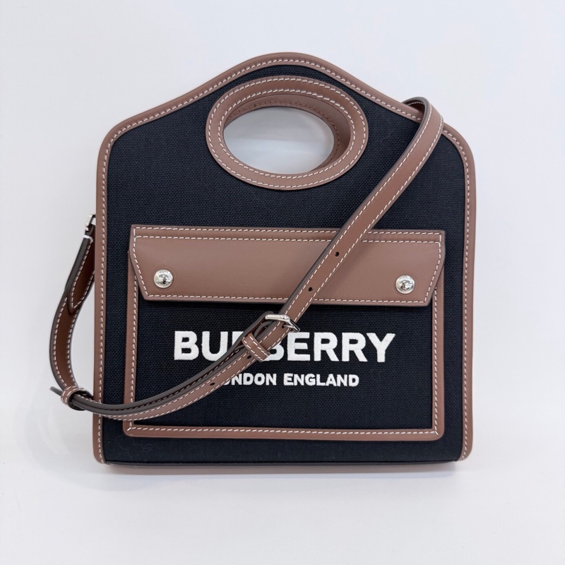 Burberry/博柏利黑色帆布拼焦糖色配皮mini手提單肩斜挎托特包。-0