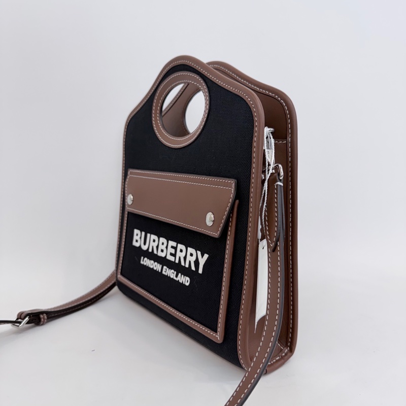 Burberry/博柏利黑色帆布拼焦糖色配皮mini手提單肩斜挎托特包。-2
