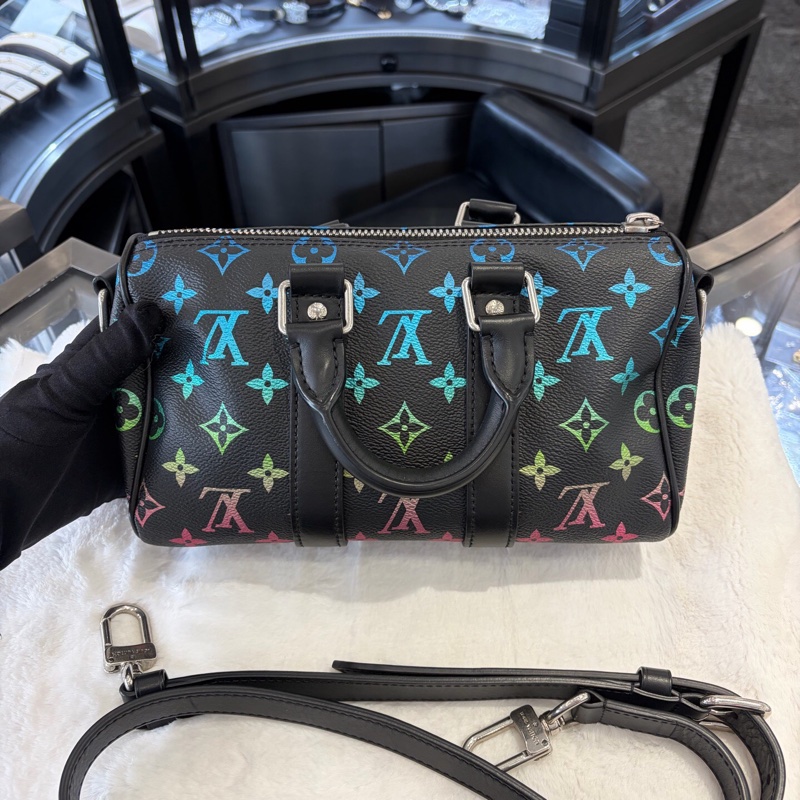 LV路易威登 Keepall25 限量款1820漸變彩虹色 黑三彩漸變老花 缺皮牌-1