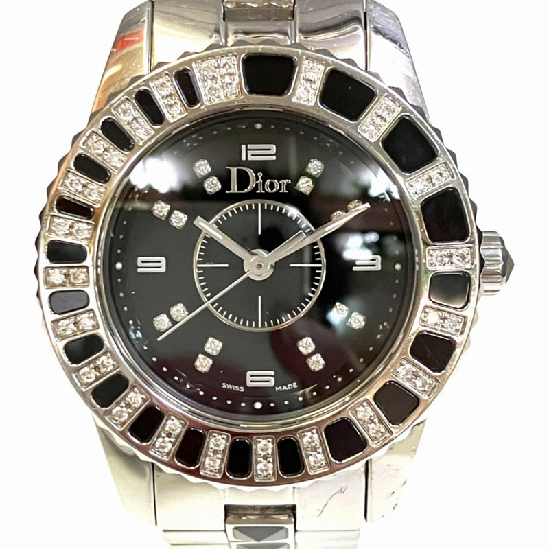 Christian Dior 水晶鑽石錶圈腕錶，總重 75.8 克，不鏽鋼材質，石英機芯，黑色錶盤，型號 CD112116M001-0