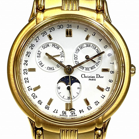 Christian Dior 月相三曆腕錶，總重 70.6 克，鍍金飾面，石英機芯，白色錶盤，貨號 61.271