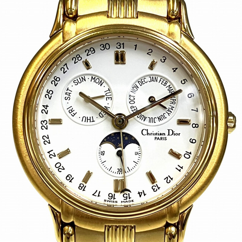 Christian Dior 月相三曆腕錶,總重 70.6 克,鍍金飾面,石英機芯,白色錶盤,貨號 61.271-0