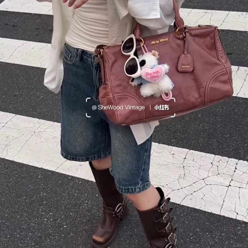 Miu Miu玫瑰粉牛皮油蠟皮托特包手提斜挎包-4