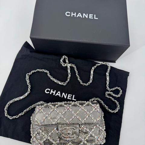 Chanel 2022 Rhinestone Strass & Metal Mini Flap Bag with Silver Tone Hardware