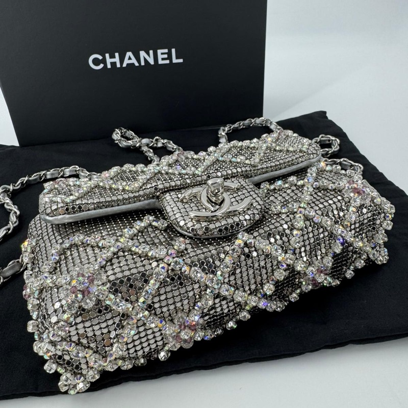 Chanel 2022 Rhinestone Strass & Metal Mini Flap Bag with Silver Tone Hardware-5