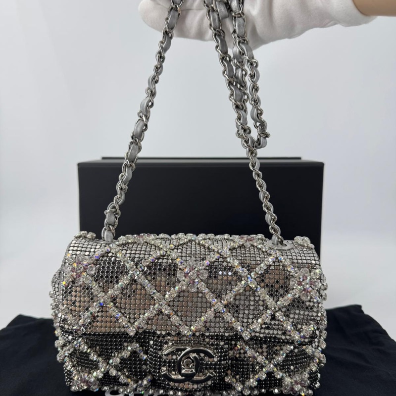 Chanel 2022 Rhinestone Strass & Metal Mini Flap Bag with Silver Tone Hardware-6