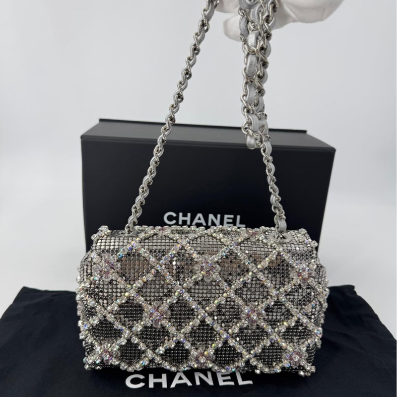 Chanel 2022 Rhinestone Strass & Metal Mini Flap Bag with Silver Tone Hardware-7