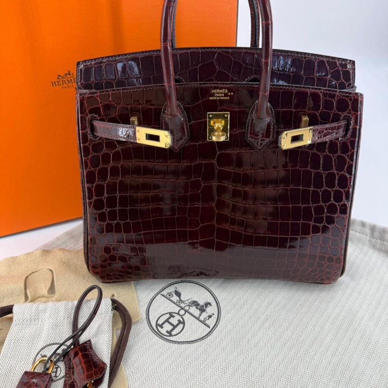 Hermes Birkin 25 Bordeaux Crocodile Leather Handbag with GHW-1