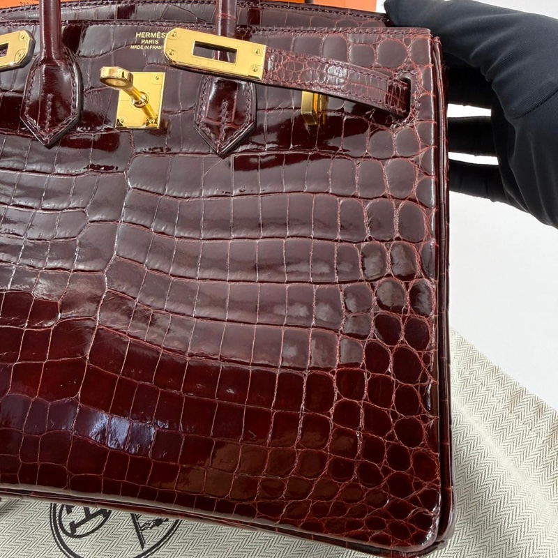 Hermes Birkin 25 Bordeaux Crocodile Leather Handbag with GHW-14