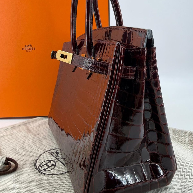 Hermes Birkin 25 Bordeaux Crocodile Leather Handbag with GHW-17