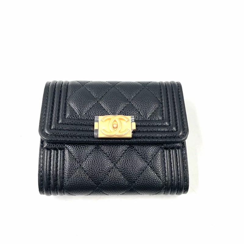 全套Chanel Leboy黑金牛皮短款錢包-11