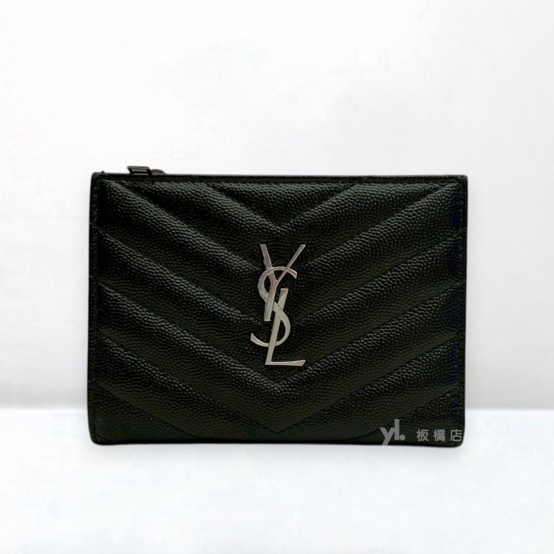 S5512-YSL 黑荔枝皮銀釦對開短夾-1