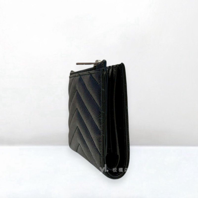 S5512-YSL 黑荔枝皮銀釦對開短夾-2
