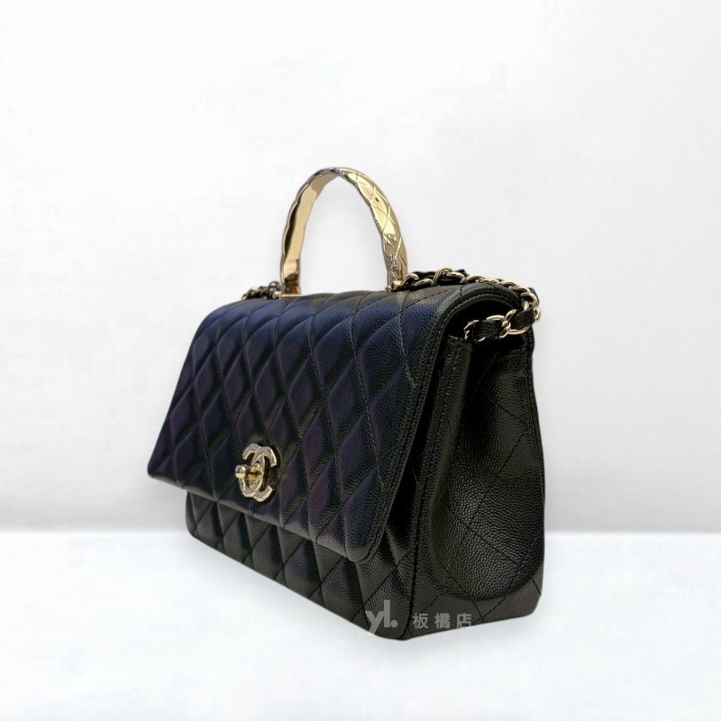 S5521-CHANEL 25SCOCO CRUSH黑荔枝牛皮淡金扣手把款肩背包AS5555-2