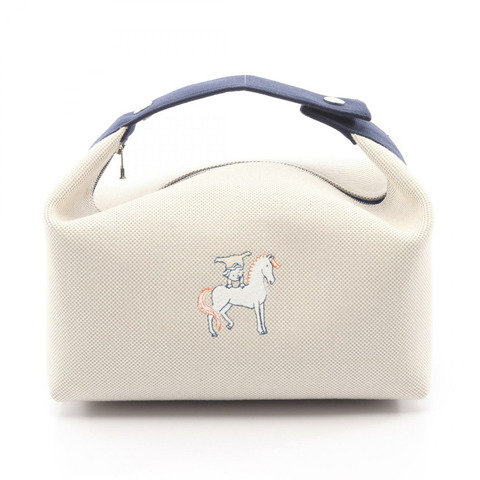 愛馬仕 (HERMES) Bride a Brac GM Cabriolet 手提包，帆布材質，米色/海軍藍，二手女款，帶五金配件