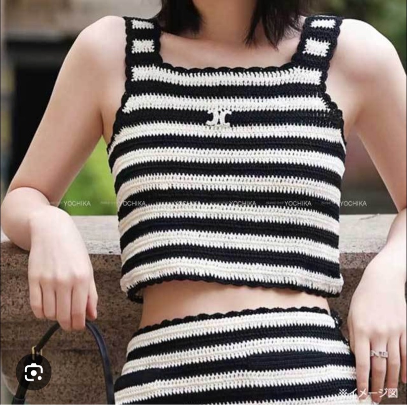 Celine黑白条纹钩针短背心-1
