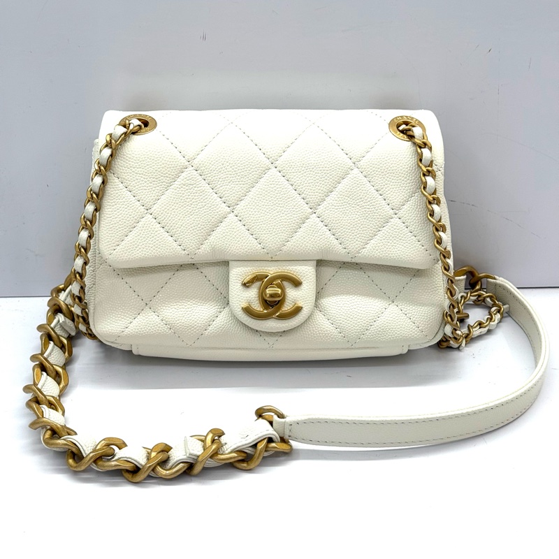 CHANEL 香奈兒 白色菱格紋斜背包 AS4864 RFID-0