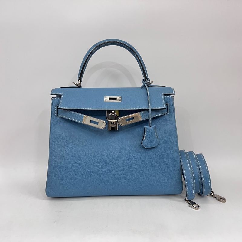 Hermes 75牛仔藍Epsom銀釦Kelly28手提肩背包-0