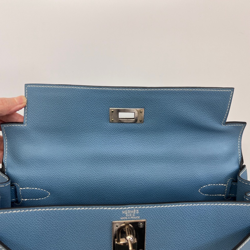 Hermes 75牛仔藍Epsom銀釦Kelly28手提肩背包-22